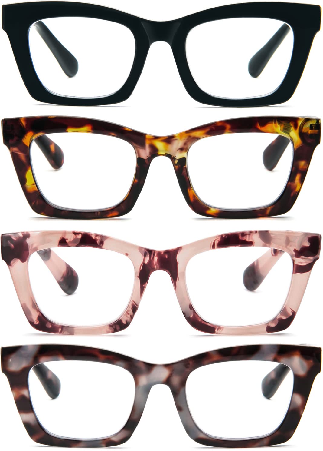 REAVEE 4 Pack Oprah Style Reading Glasses Blue Light Blocking Computer Square Readers for Women with Spring Hinge 0.75