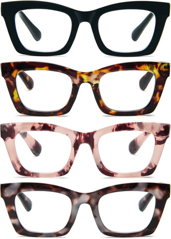 REAVEE 4 Pack Oprah Style Reading Glasses Blue Light Blocking Computer Square Readers for Women with Spring Hinge 0.75