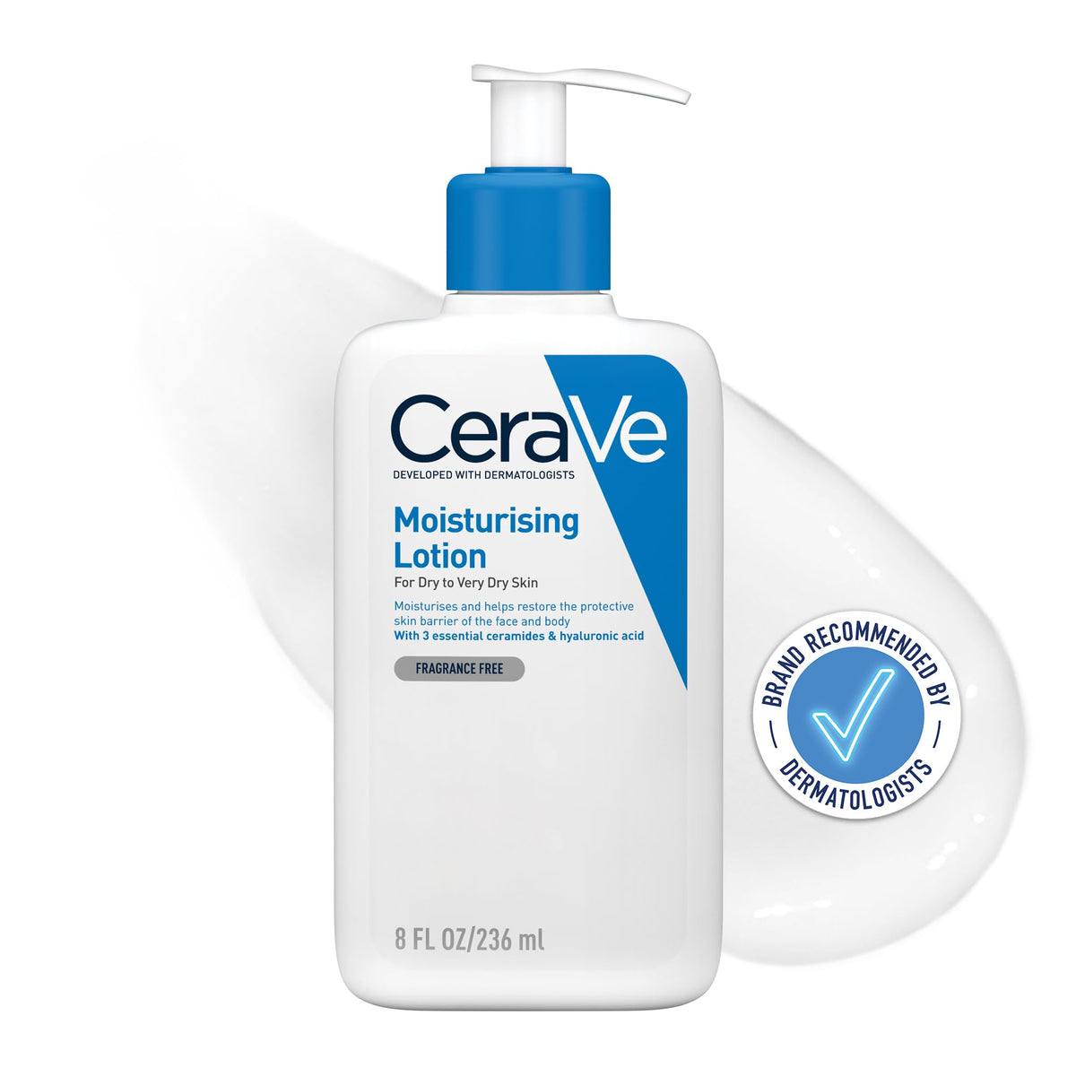 CeraVe Moisturising Lotion, with hyaluronic acid and 3 essential ceramides, Daily Face & Body Moisturiser for Dry to Very Dry Skin (Packaging may vary) 236 ml (Pack of 1)