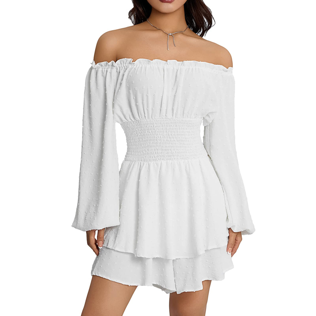 Qianderer Women Boho Romper Dress Off Shoulder Ruffle Dress with Shorts Long Sleeve Flowy Layered Jumpsuit Playsuits (Ba White, M)