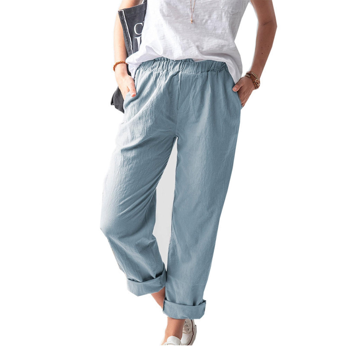 Letuwj Women's straight pants cotton and linen pants casual elastic high-waisted Blue 2XL