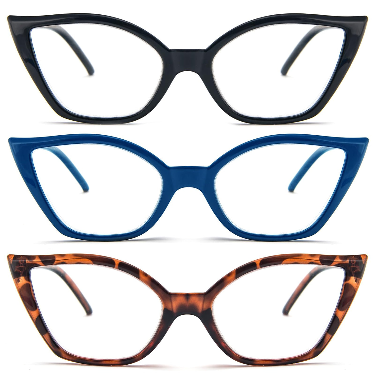 DXYXYO Cat Eye Reading Glasses for Women 3 Pack Anti Blue Light Computer Readers Stylish Retro with Spring Hinge, 1.0+, Black+blue+brown