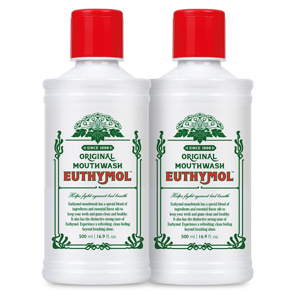 Euthymol Mouthwash Original 500ml x 2, Flouride Free, Distinctive Strong Taste Flavour, Reduce Plaque Gingival Clean Healthy Teeth Gums, Freshens Breath Refreshing Daily Oral Dental Care