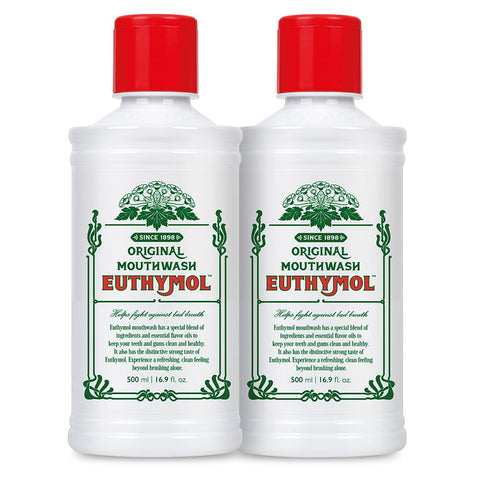 Euthymol Mouthwash Original 500ml x 2, Flouride Free, Distinctive Strong Taste Flavour, Reduce Plaque Gingival Clean Healthy Teeth Gums, Freshens Breath Refreshing Daily Oral Dental Care