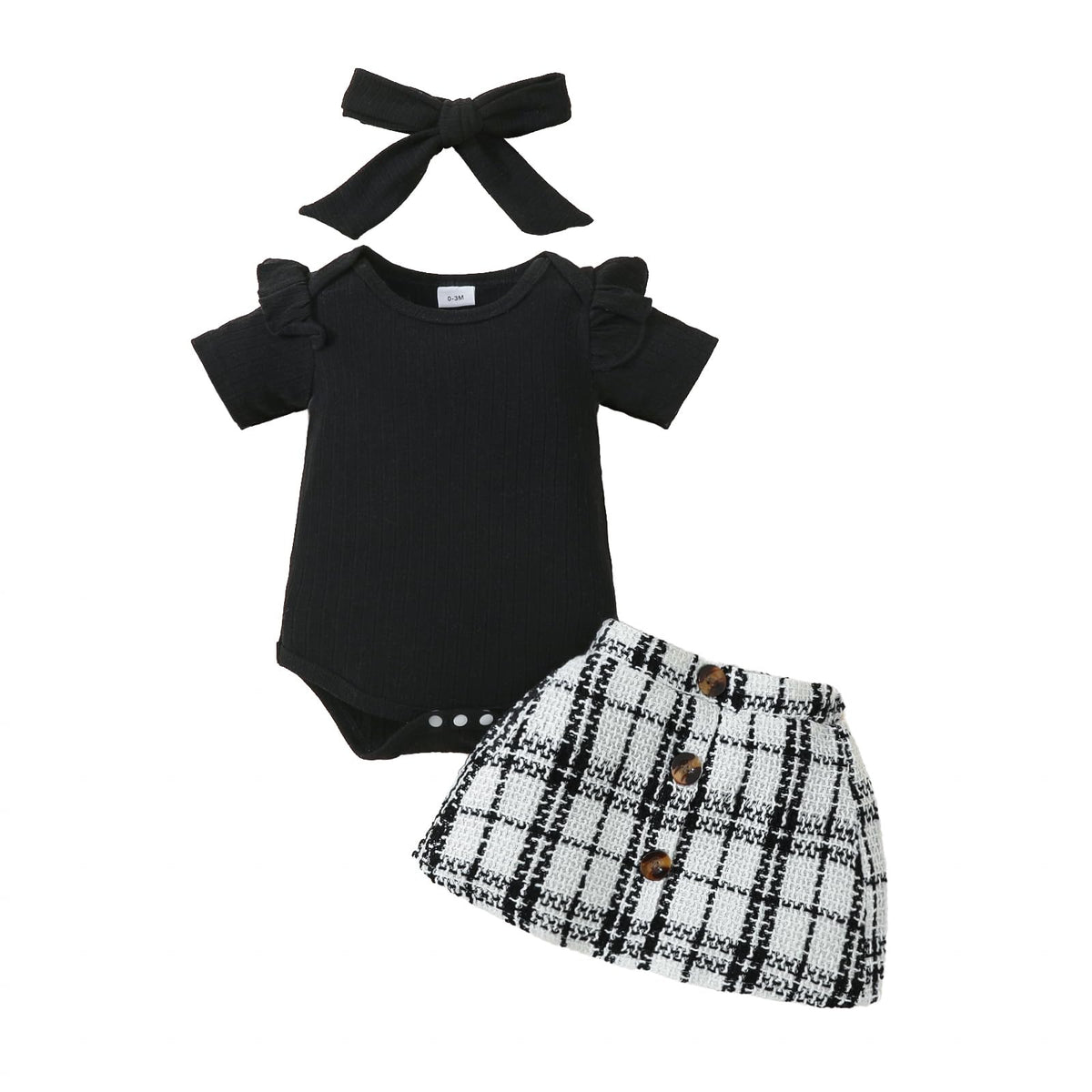 BULINGNA Newborn Infant Baby Girl Summer Clothes Ruffle Short Sleeve Ribbed Romper Plaid Tweed Pattern Skirt with Headband (Black, 12-18 Months)