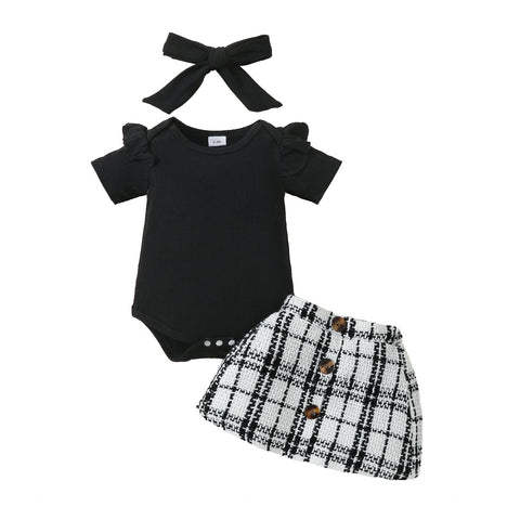 BULINGNA Newborn Infant Baby Girl Summer Clothes Ruffle Short Sleeve Ribbed Romper Plaid Tweed Pattern Skirt with Headband (Black, 12-18 Months)