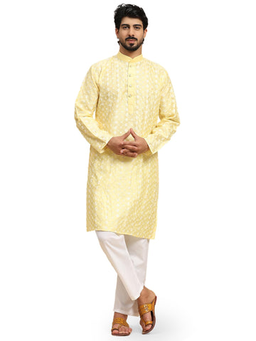 SKAVIJ MenÃ¢â‚¬â„¢s Chikankari Embroidered Kurta Pajama Ethnic Dress Set (Medium, Yellow)