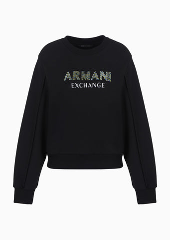 A | X ARMANI EXCHANGE Women's Rhinestone Logo Crewneck Pullover Sweatshirt, black