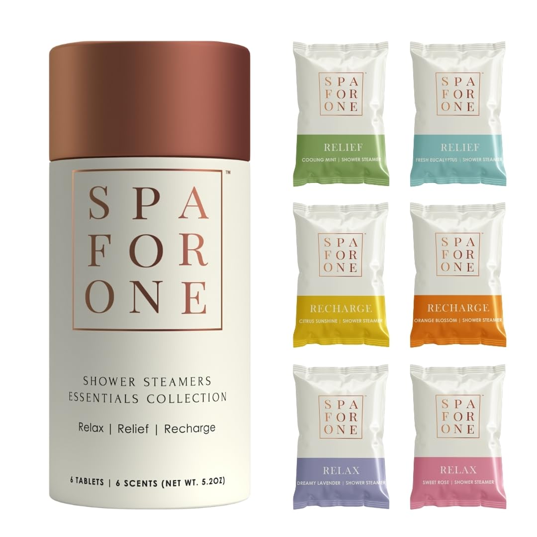 Spa For One Aromatherapy Shower Steamers - Pack of 6 with Natural Essential Oils. Relaxation and Luxury Self Care Birthday Gifts Easter Basket Stuffers for Women and Men