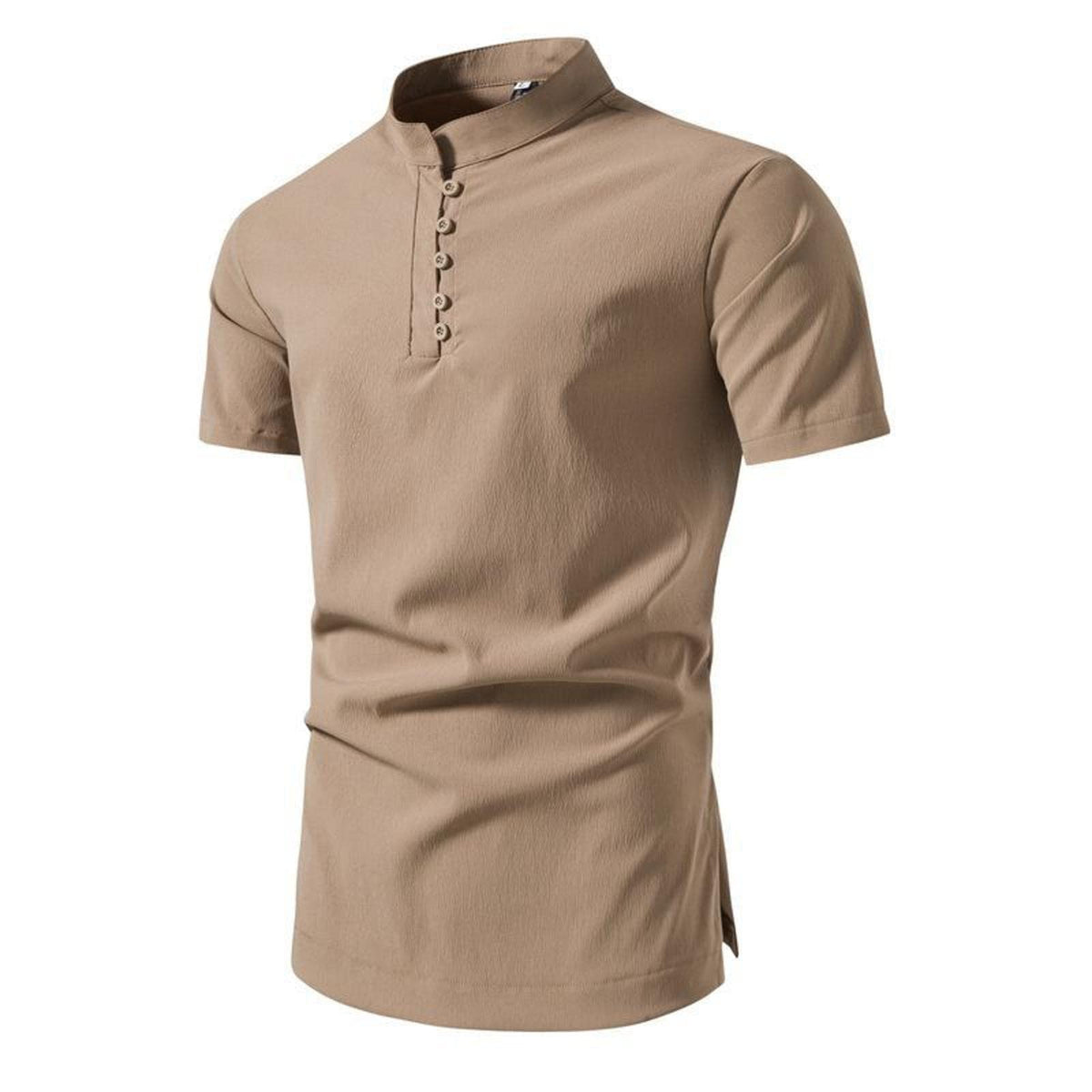 Men's Chinese Style Pure Color Retro Stand Collar Slim Fit Short Sleeve Shirt for Summer Khaki M