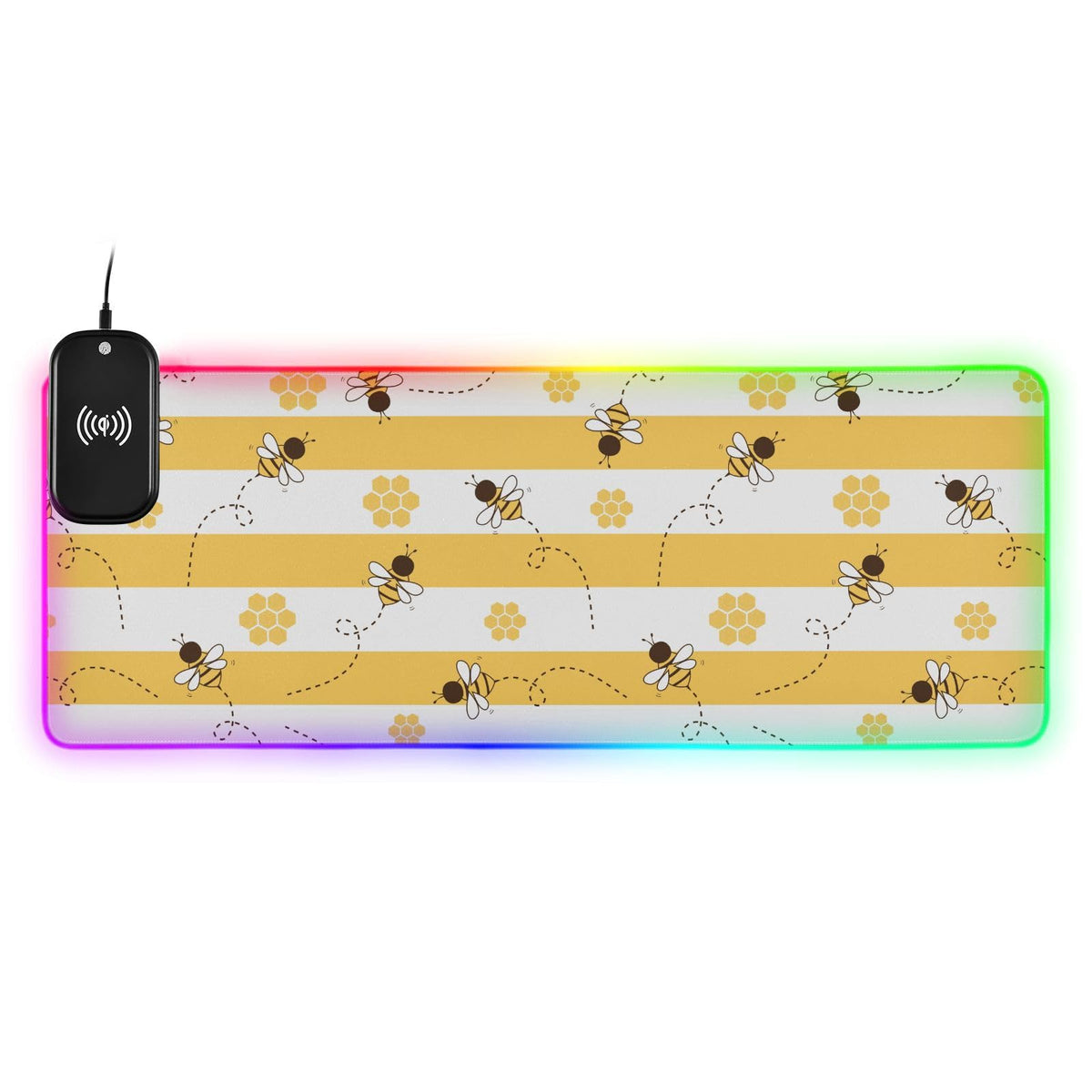 Bee Honey Stripe Wireless Charging Mouse Pad for Mobile Phone Extra Large Gaming Mousepad with 13 Lighting Modes Extended Desk Mat for Office Home Gaming MacBook PC Laptop Desk