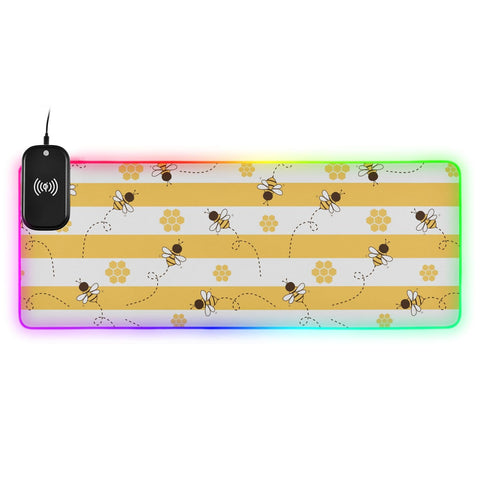 Bee Honey Stripe Wireless Charging Mouse Pad for Mobile Phone Extra Large Gaming Mousepad with 13 Lighting Modes Extended Desk Mat for Office Home Gaming MacBook PC Laptop Desk