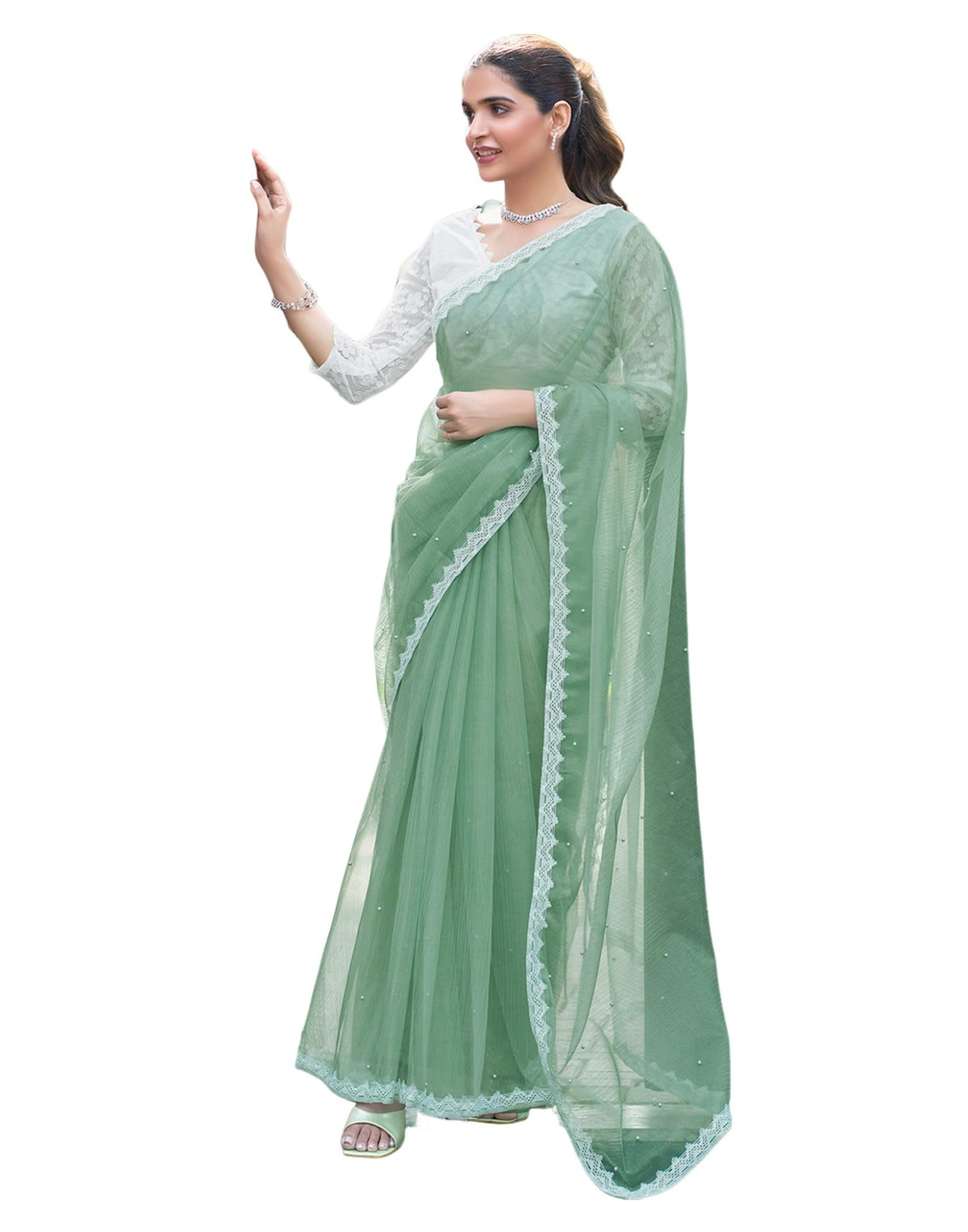 SIRIL Women's Shimmer Net Pearl Work Saree with Unstitched Blouse Piece (3563S361_Pista Green)