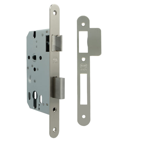 Amig - Embossing Lock for Wooden Doors | with Locking Palette| Front and Bracket in Round Edge | 50 mm Entry | Reversible Lever | Steel | Matte Silver | 230 mm