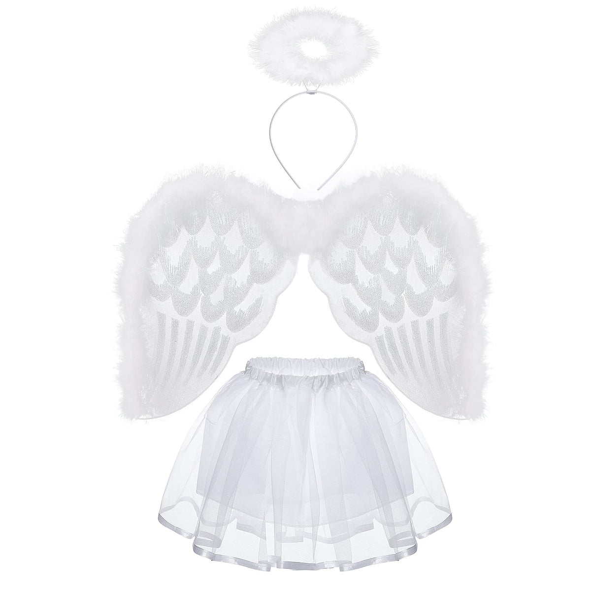 Hifot Angel Costumes Girls,Tutu Skirt White Feathered Angel Wings and Halo Angel Wings Fancy Dress Fairy Costume Kids
