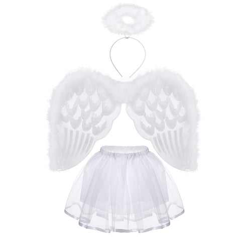 Hifot Angel Costumes Girls,Tutu Skirt White Feathered Angel Wings and Halo Angel Wings Fancy Dress Fairy Costume Kids