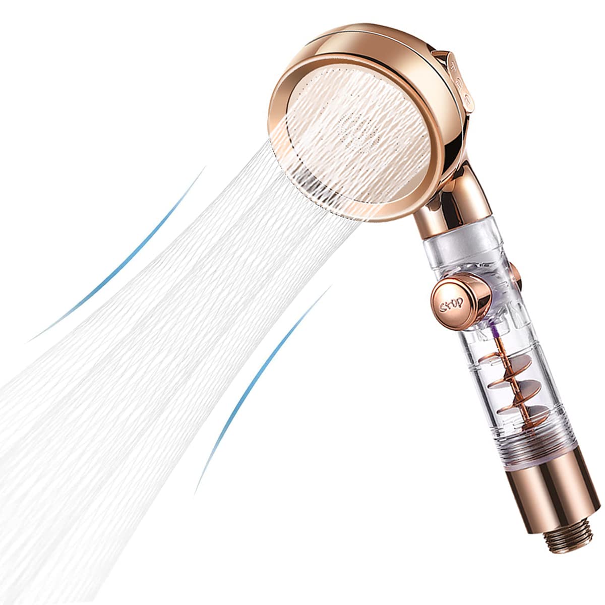 Rusoz Turbo Shower Head, Power Propeller Driven Handheld Shower Head 3 Modes Hydro Shower Head Built in High Pressure Fan with Stop Button, Golden