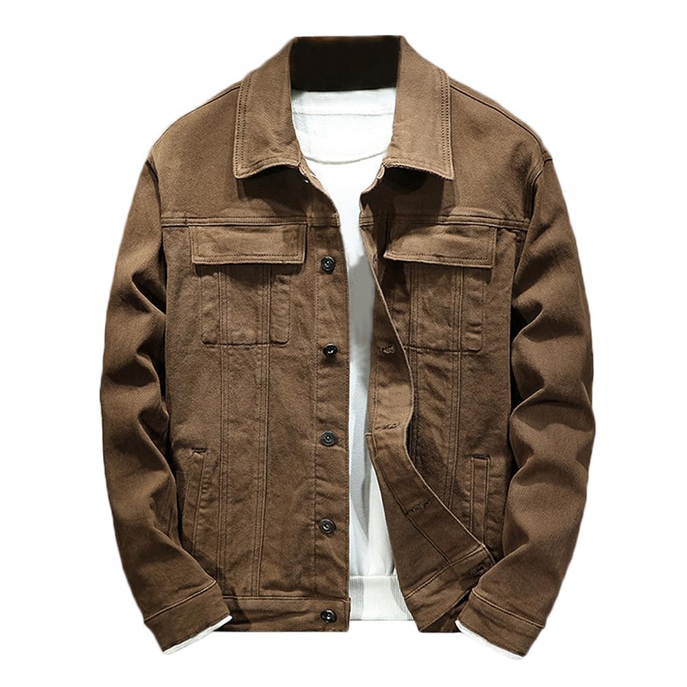 Rexcyril Men's Regular Fit Denim Jacket Casual Button Down Washed Long Sleeve Jean Trucker Jacket, Coffee, Large