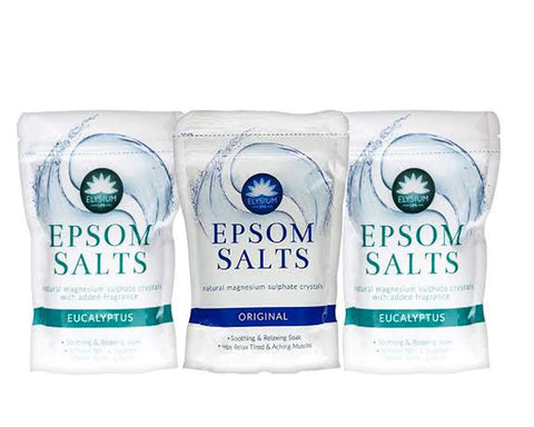 Elysium Spa Epsom Salts Natural Magnesium Sulphate Crystals, Bundle of 3 : Original (1pck) and Eucalyptus (2pcks)