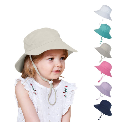 Kids Sun Wide Brim Hat UV Protection Summer Beach Bucket Hat Breathable Adjustable Fisherman Cap for Toddler Boys Girls (Large, Beige)