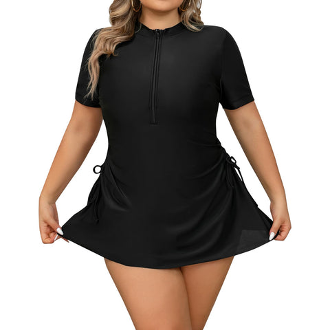 Plus Size Swim Dress Short Sleeve Zip Up Swimsuits for Women Surfing Swimming Water Aerobics with Swim Shorts Women Plus Size Traje De Ba?o para Mujer Gordita All Black Dress 4XL