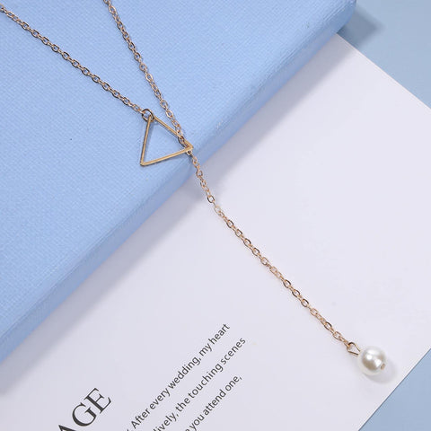 Yheakne Boho Pearl Triangle Necklace Gold Y Pearl Necklace Minimalist Y Lariat Necklace Geometry Chain Jewelry for Women and Girls (Gold)