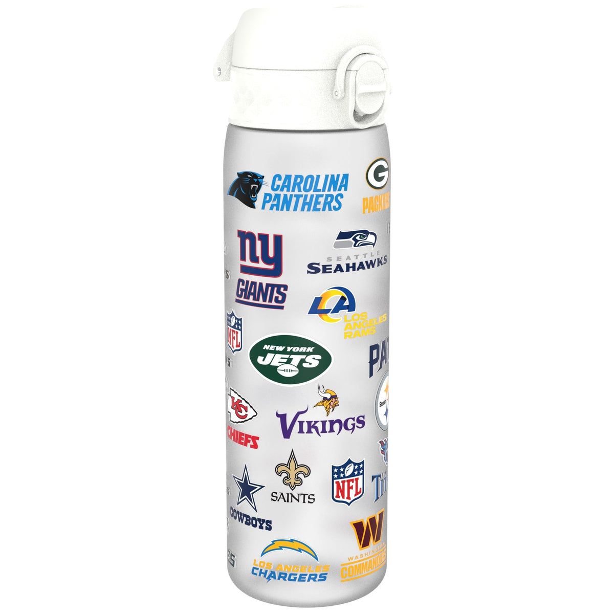 Ion8 Water Bottle, 500 ml/18 oz, Leak Proof, Easy to Open, Secure Lock, Dishwasher Safe, BPA Free, Hygienic Flip Cover, Carry Handle, Easy Clean, Odour Free, Carbon Neutral, White, NFL Teams Design