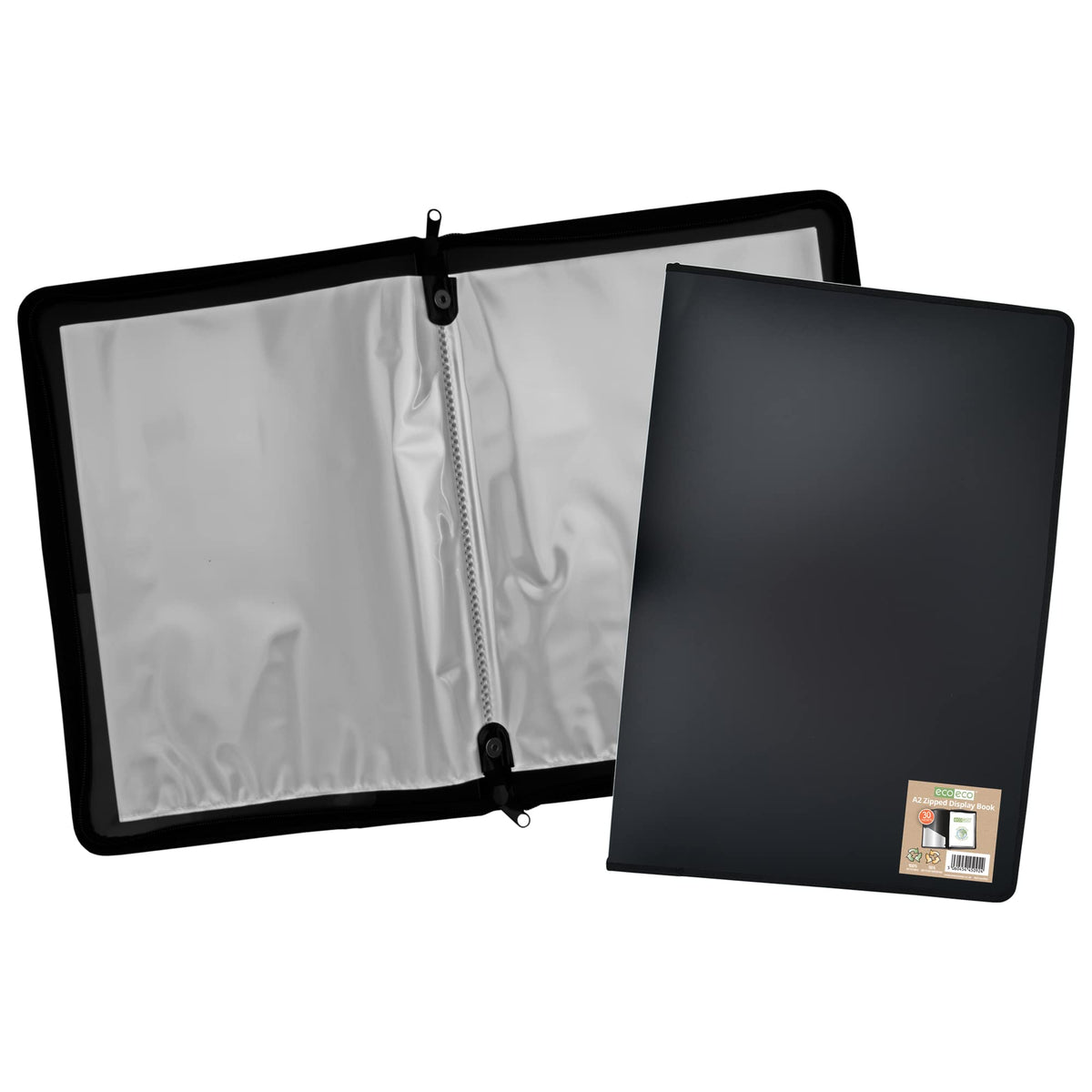 eco-eco A2 50% Recycled 30 Pocket Black Zipped Presentation Display Book, File Folder, Artwork Portfolio with Plastic Sleeves, eco092