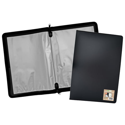 eco-eco A2 50% Recycled 30 Pocket Black Zipped Presentation Display Book, File Folder, Artwork Portfolio with Plastic Sleeves, eco092
