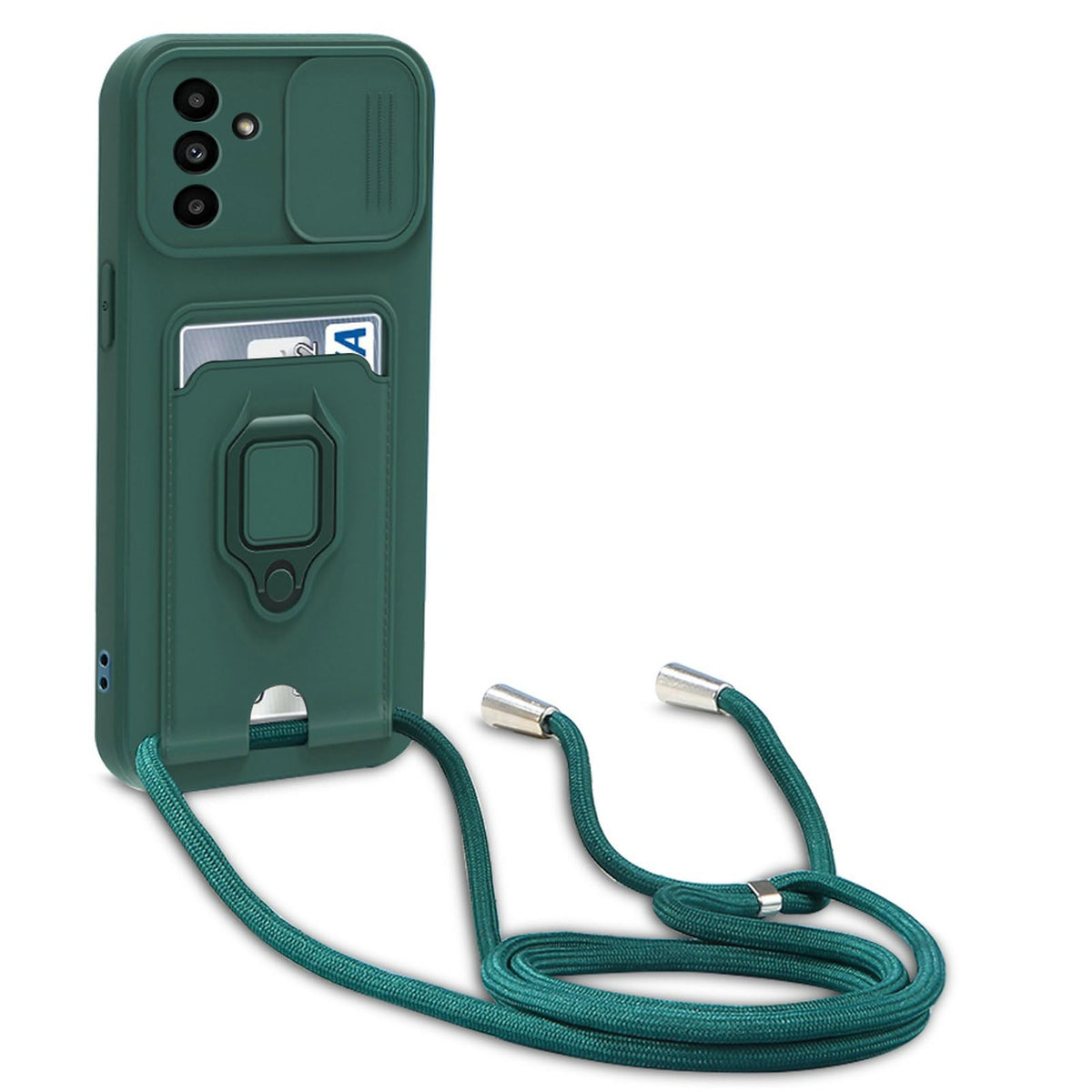 yanasuo Camera Protection Lanyard Phone Case for Samsung Galaxy S23 FE, Card Holder, Slide Camera Cover, Silicone Cord Strap rope Shell TPU Shockproof Bumper Cover-Dark Green