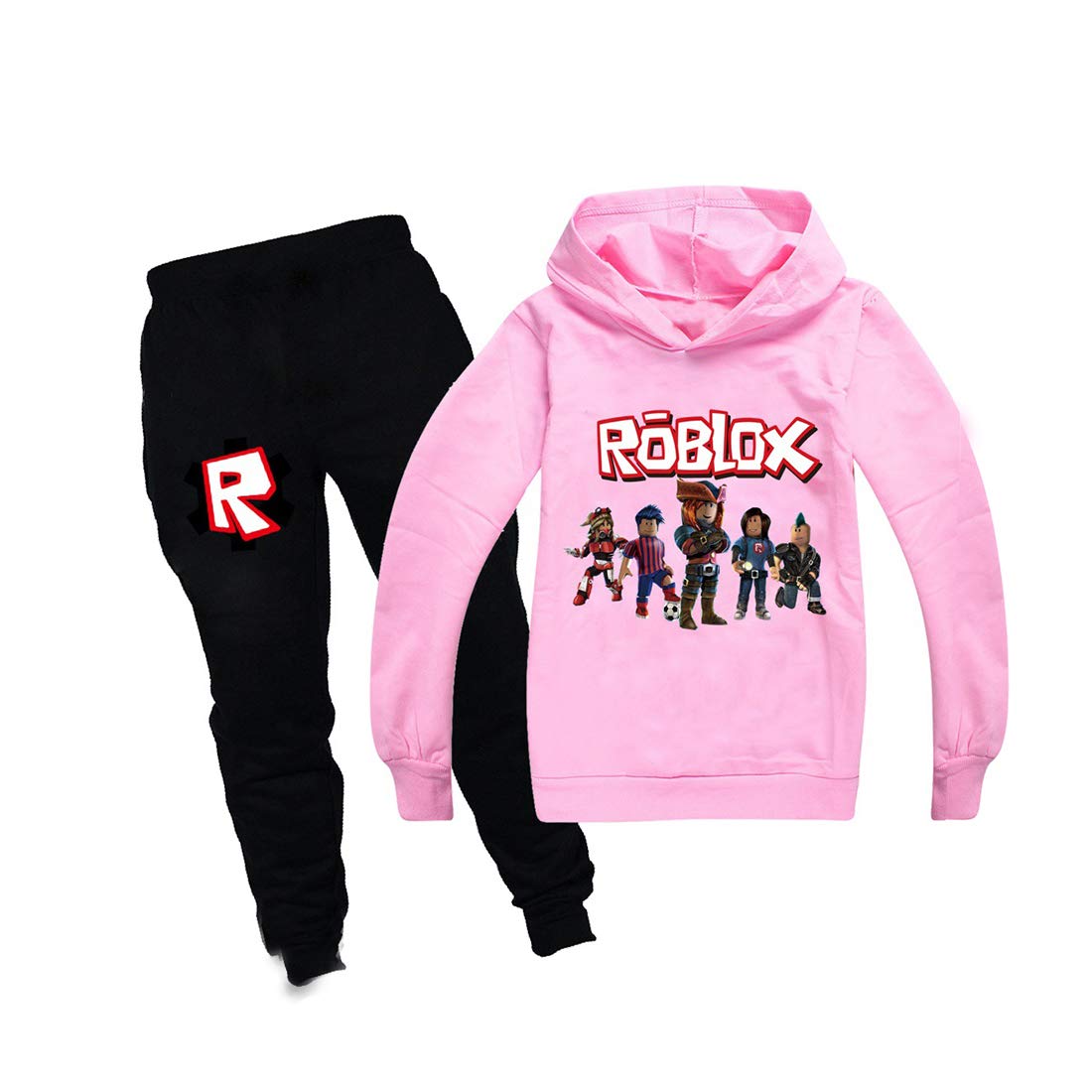 ALAMing Boys Hoodies Girls Kids Outfits Cartoon Characters Pullover Cotton Sweatshirt Trousers Clothes Sets (pink, 7-8years)