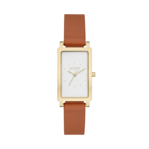 Skagen Women's Hagen Rectangular Three-Hand Gold Stainless Steel and Brown Leather Band Watch (Model: SKW3096)