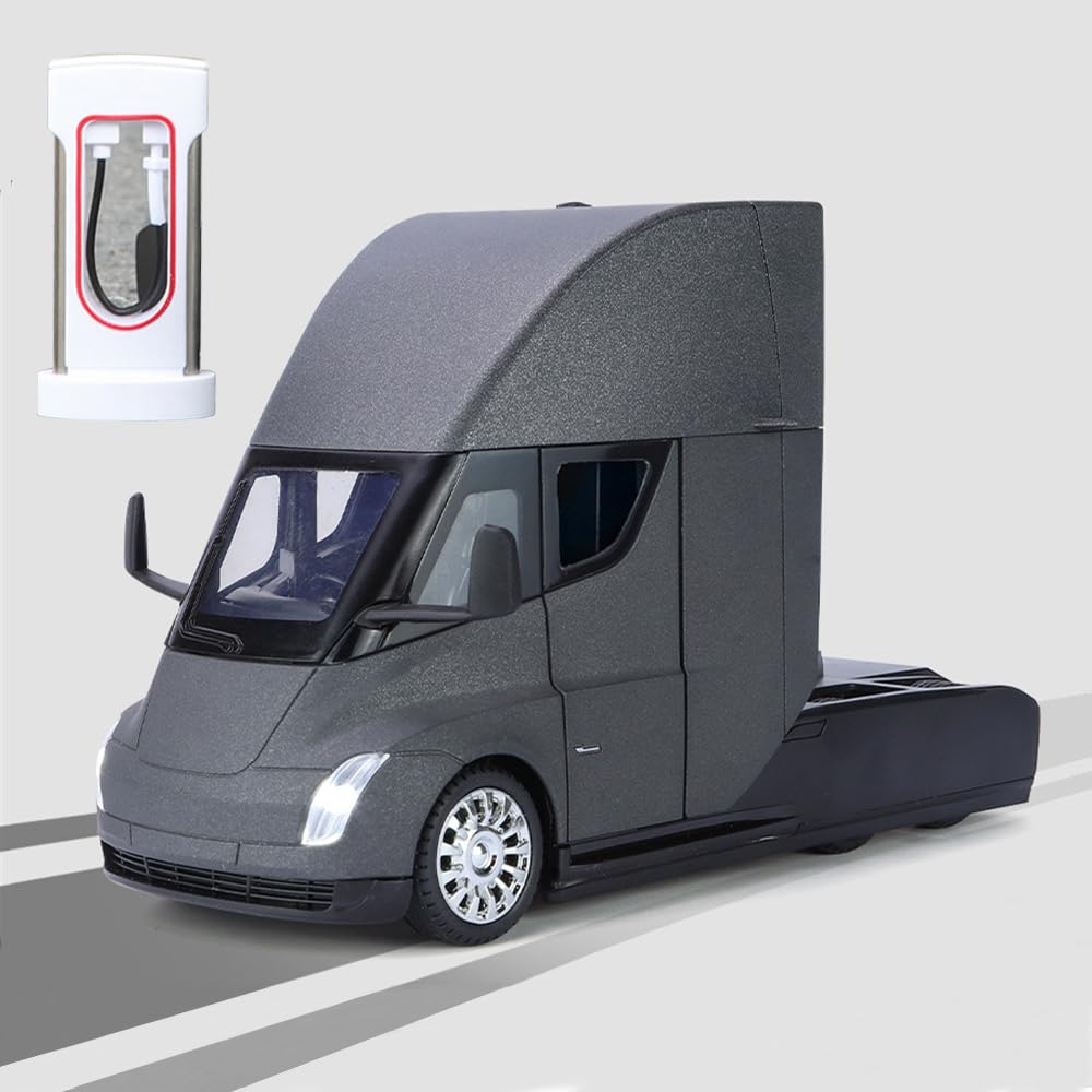 EROCK Semi Truck Model Toy Truck Trailer for Boys,Metal Die-cast Semi Truck Head with Light/Sound/Pull Back Function, Semi Truck Toys for Kids or Adults Gift (1:24 Grey Semi Truck)