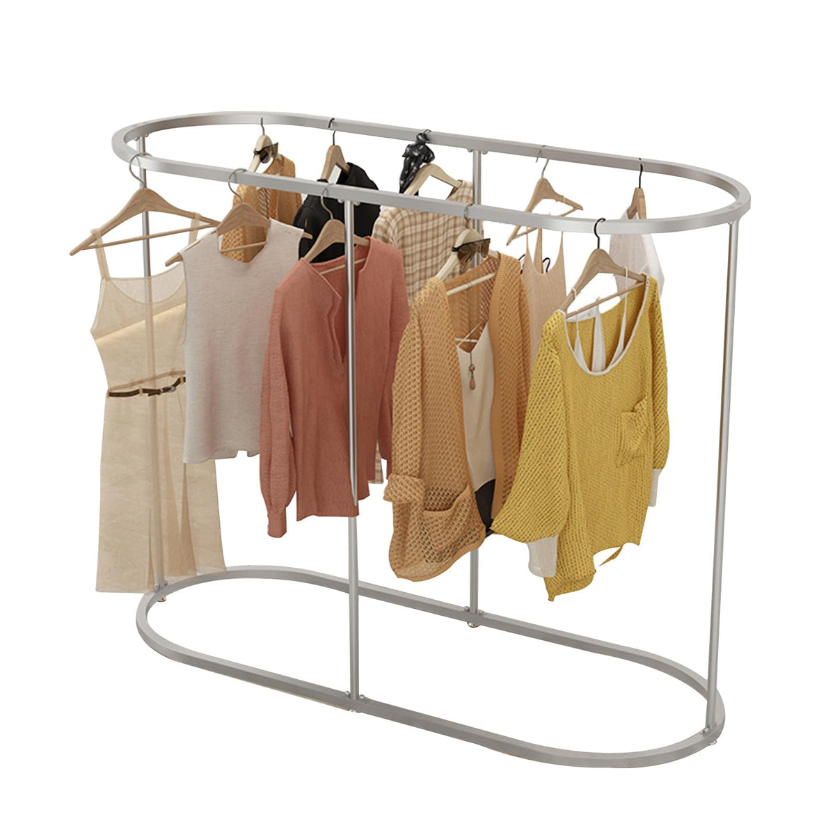 SPTZQURY Round Clothes Rack, Commercial Oval Iron Clothes Rack, Free Standing Clothes Rack, Suitable For Hanging Clothes In Bedroom, Boutique Clothing Store Display (SILVER, 47.2 * 19.6 * 55.1INCHES)