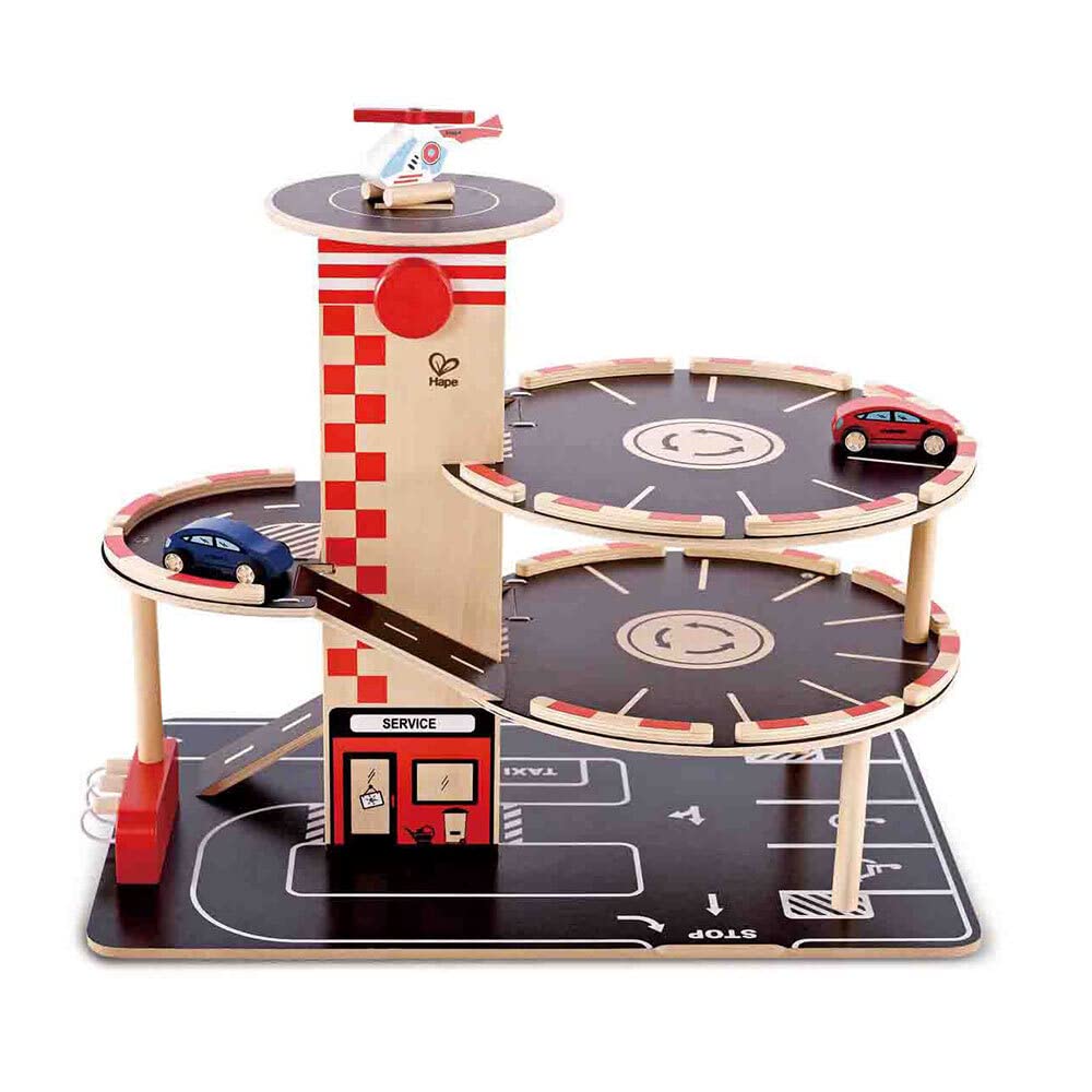 Sustainable Wood Toy Car, Toys For Kids, Hape â€œPark And Goâ€ Garage Set With 4 Levels, 1 Lift, 2 Toy Cars, 1 Toy Helicopter. 3 years +, 48.01 x 30 x 37.39 cm