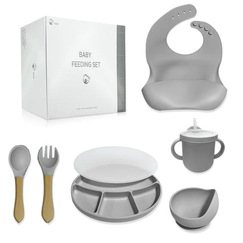 Baby Weaning Set Silicone Baby Self Feeding Tableware Set - Divided Suction Plate - Bowl with Suction Plate - Bowl Set with Sippy Cup Silicone (Grey)