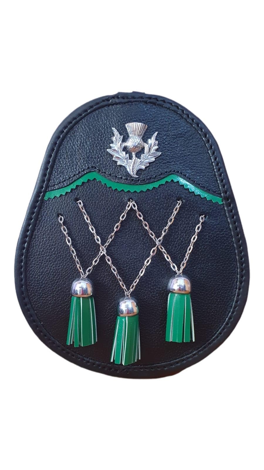 New Leather Black Jacobite Sporran with Green 3 Tassels Thistle Scottish Antique Croome Sporran Pouch