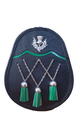 New Leather Black Jacobite Sporran with Green 3 Tassels Thistle Scottish Antique Croome Sporran Pouch