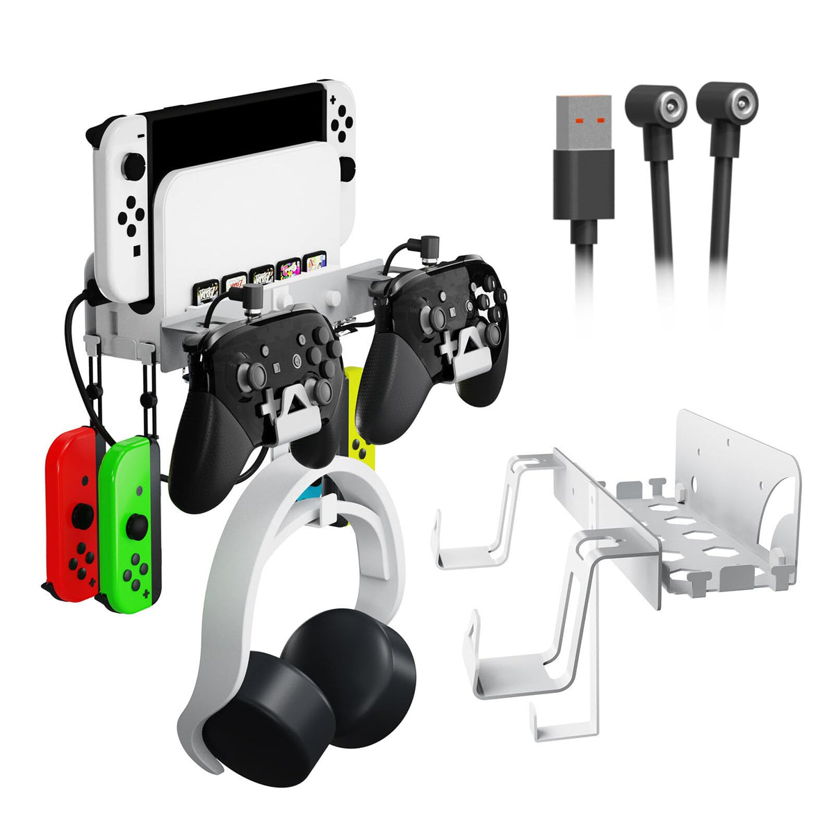 Wall Mount Kit for Nintendo Switch and Nintendo Switch OLED, 2 in 1 Metal Holder for PS5 Controller with Detachable Headphone Hanger Video Game Organizer