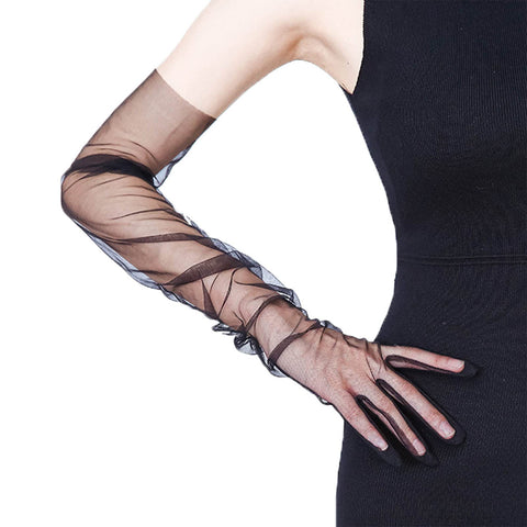 Long Tulle Women’s Wedding Gloves Black Elbow Length 20s Gloves Opera Party Sheer Bridal Gloves Stretchy Finger Lace Gloves, Black, One Size