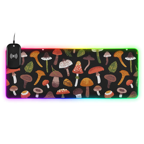 Cute Mushrooms and Leaves Wireless Charging Mouse Pad for Mobile Phone Extra Large Gaming Mousepad with 13 Lighting Modes Mouse Mat for Office Home Gaming MacBook PC Laptop Desk