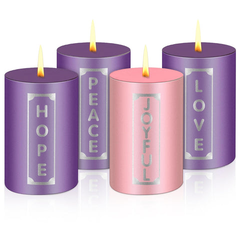 MTLEE Set of 4 Christmas Advent Candles with Words Pillar Candles Advent Wreath Candles for Adult Home Wedding Advent Rings Wreaths Church Receptions Celebrations, Purple Pink (2 x 3'')