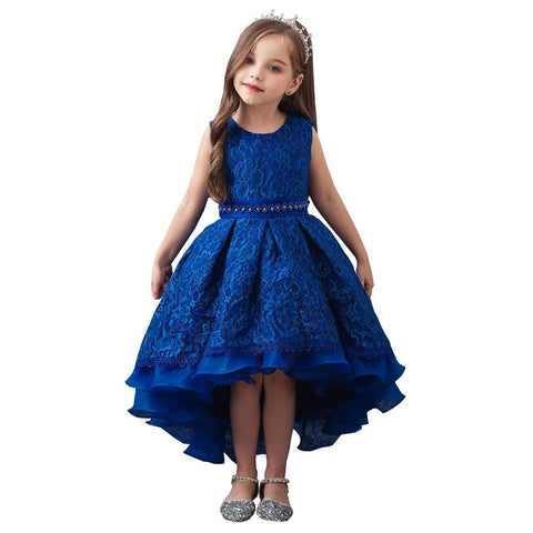 HIHCBF Flower Girls High Low Lace Dress Princess Wedding Pageant Birthday Christmas Party Formal Evening Dance Ball Gown Royal Blue 7-8T
