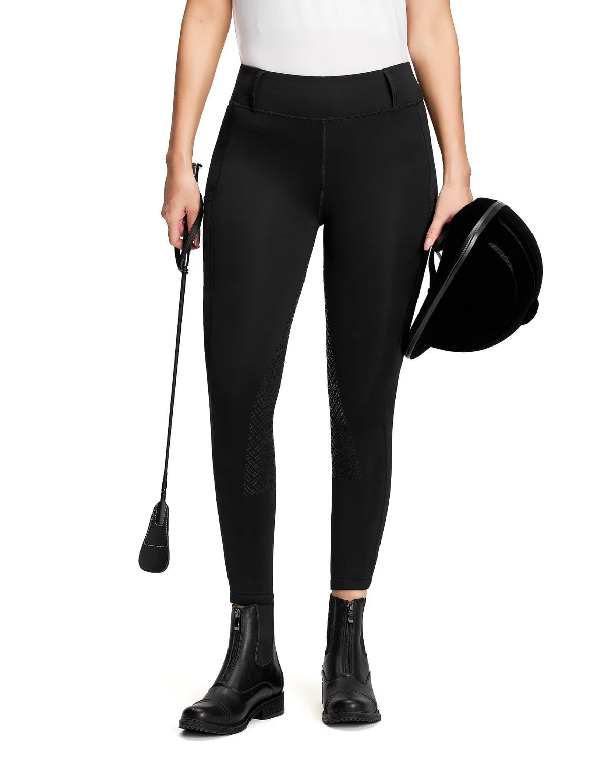 QUEENIEKE Women's Equestrian Breeches with Silicone Full Seat Horse Riding Tights with Pockets Tummy Control Black L
