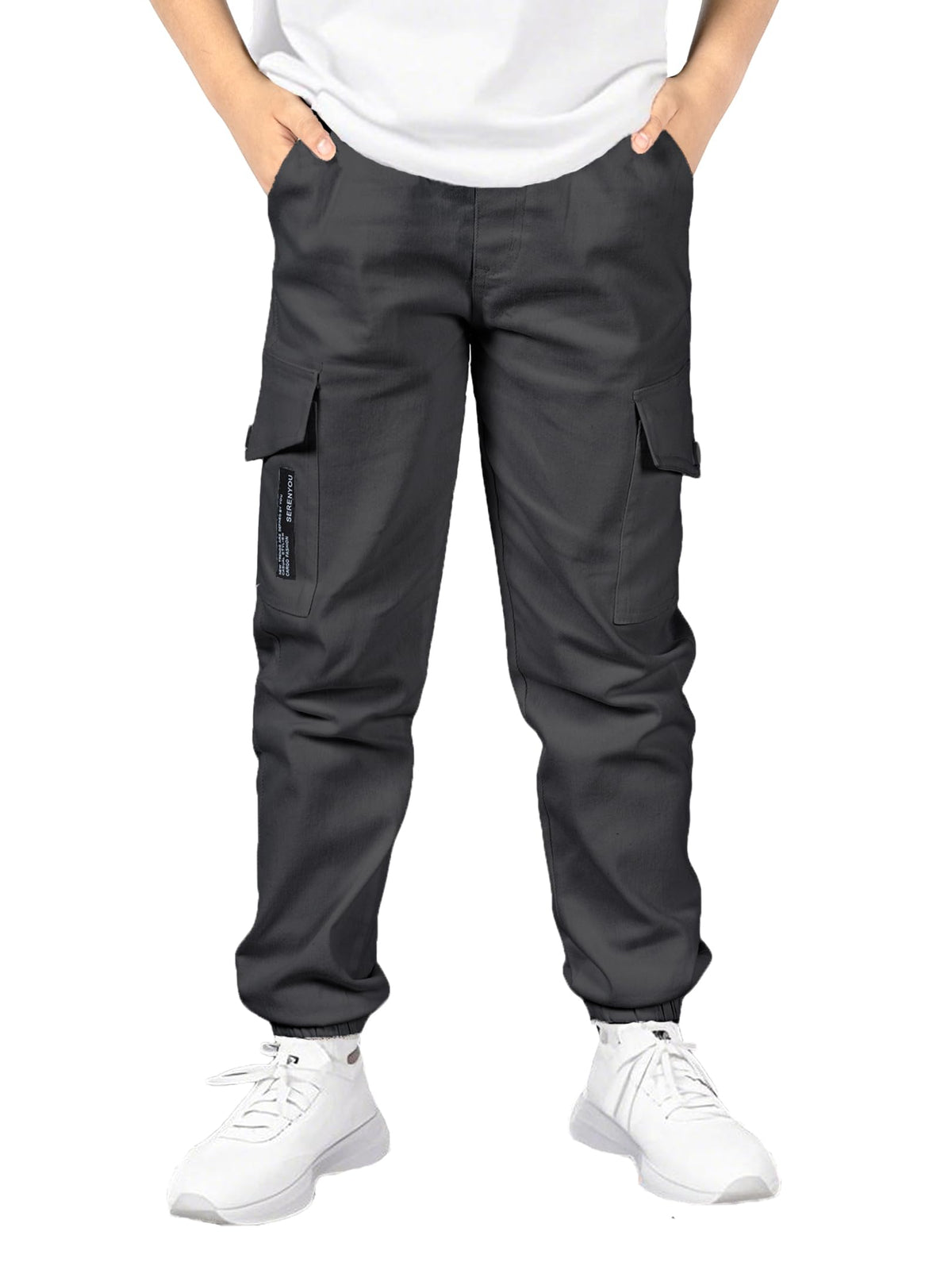 SERENYOU Boys Cargo Pants Kids Elastic Waist Cargo Joggers Boy's Cargo Trousers with Multi Pockets Grey 13-14 Years (manufacturers's Size: 170)
