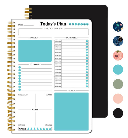 Undated Daily Planner With Hourly Schedule, Spiral To Do List Notebook to Organize Your Daily Tasks and Agendas(6.9" x 9.9"), School Or Office Supplies for Women & Men - Black