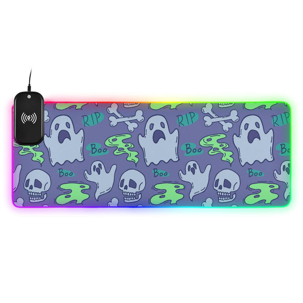 Halloween Skull Wireless Charging Mouse Pad for Mobile Phone Extra Large Gaming Mousepad with 13 Lighting Modes Mouse Mat for MacBook PC Laptop Desk Office Home Gaming