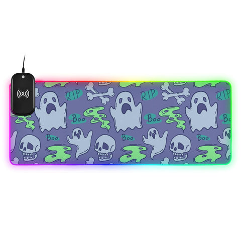 Halloween Skull Wireless Charging Mouse Pad for Mobile Phone Extra Large Gaming Mousepad with 13 Lighting Modes Mouse Mat for MacBook PC Laptop Desk Office Home Gaming