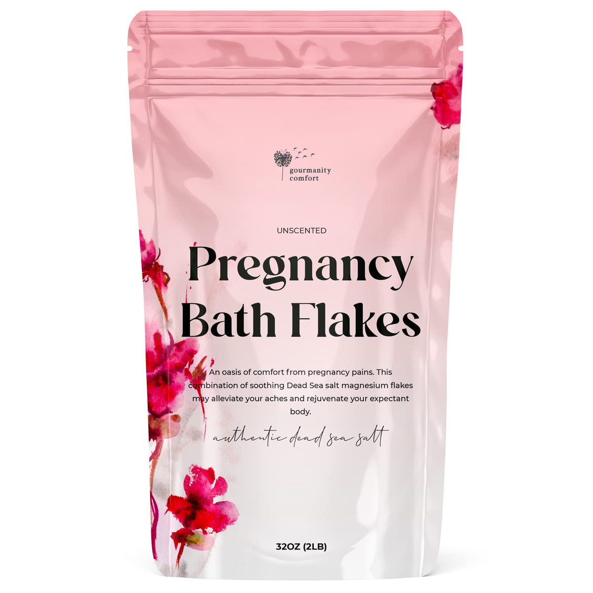 Gourmanity Comfort 2LB Unscented Magnesium Flakes for Bath, Bath Salts for Women Relaxing, Pregnancy Bath Soak Relief for Pregnant Women Aches & Pains, Resealable Bag of Dead Sea Salts [32oz/2LB]