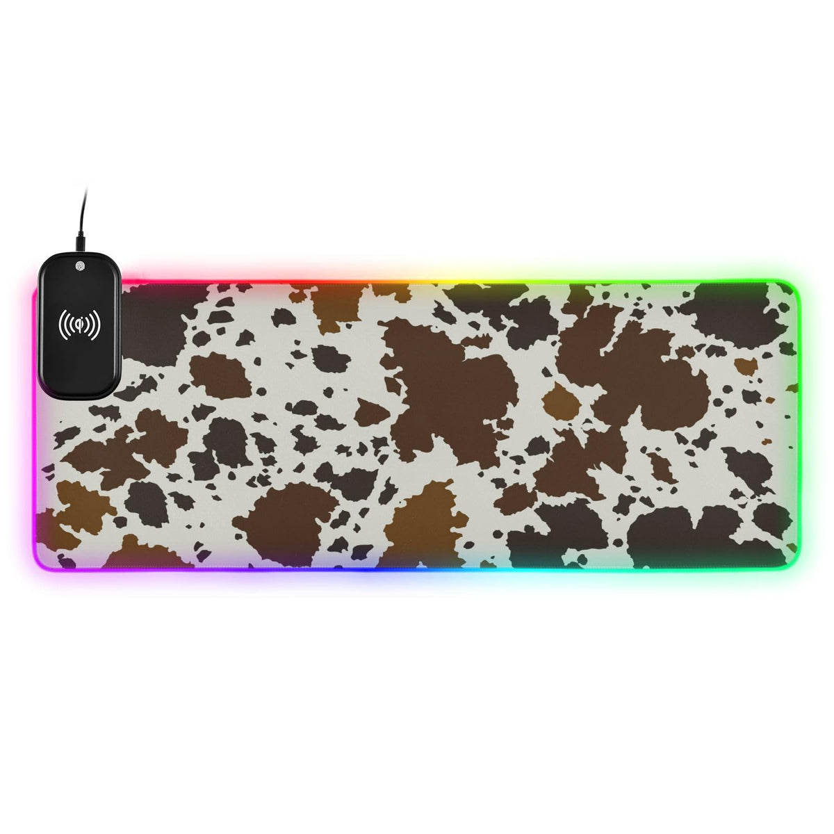 Cow Skin Print Wireless Charging Mouse Pad for Mobile Phone Extra Large Gaming Mousepad with 13 Lighting Modes Computer Mat for Gaming MacBook PC Laptop Desk Home Office